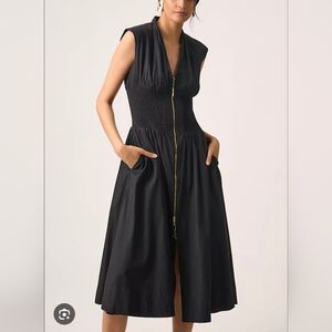 ANTHOPOLOGIE Women's The Tommie Zip Front Midi Dress Black Cap Sleeve Size S NWT